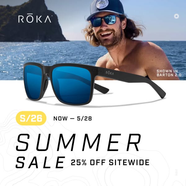 This ad promotes a summer sale from ROKA, offering 25% off sitewide. The visual highlights the brand's Barton 2.0 su