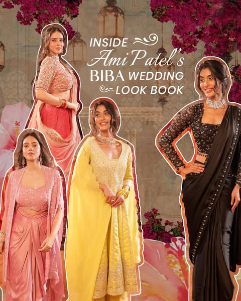 This ad showcases BIBA's wedding lookbook with Ami Patel. The image features four women dressed in wedding attire in
