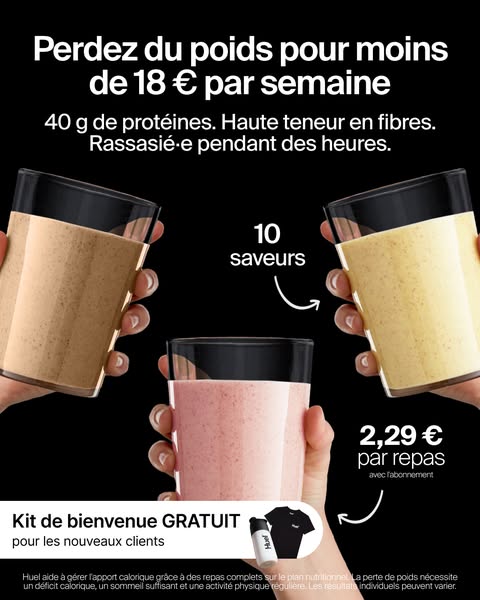 This image ad for Huel promotes the brand's nutritional shakes by highlighting their convenience for weight loss. It