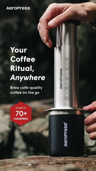 This ad shows the Aeropress coffee maker, which can be used to brew cafe-quality coffee on the go.