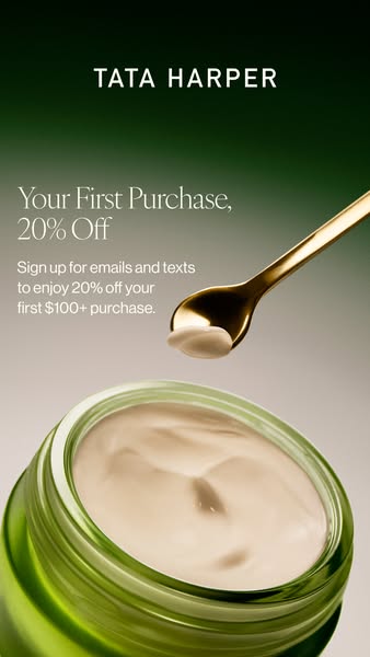 This image ad from Tata Harper promotes the brand's skincare and highlights the offer of 20% off your first purchase