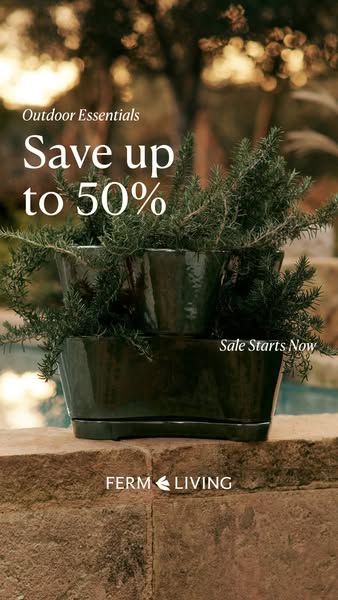 Ad for Ferm Living promoting a sale on outdoor essentials, featuring planters.