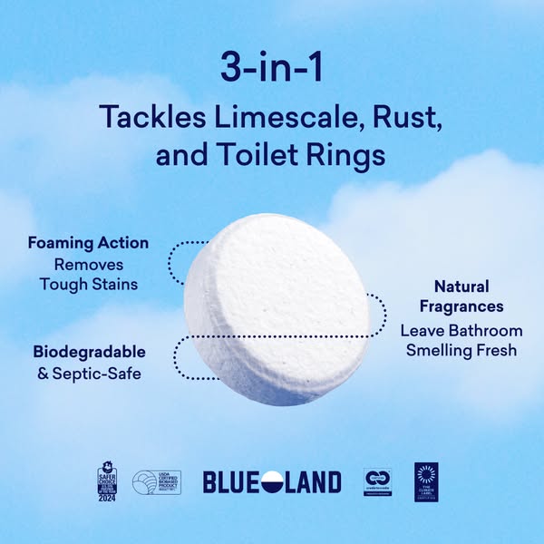 An image ad for Blueland toilet bowl cleaner tablets, which tackles limescale, rust, and toilet rings while leaving the 
