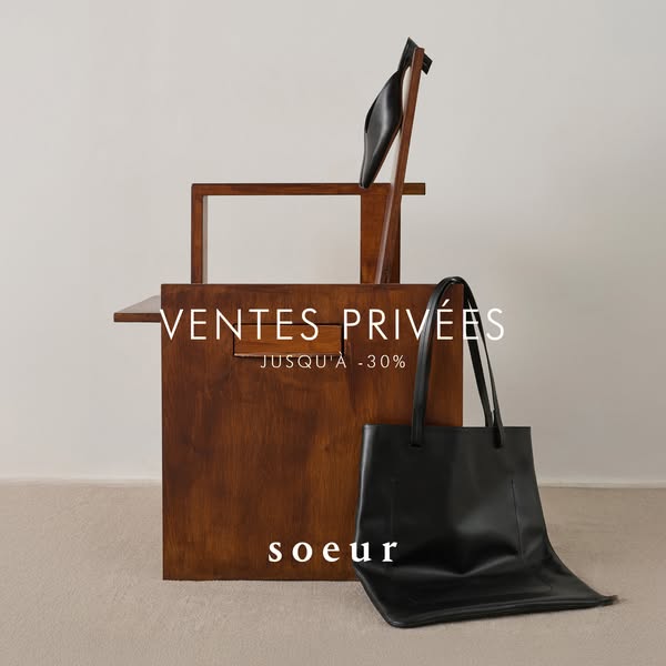 An advertisement for Soeur's private sales featuring a black leather tote bag, black heeled mules, and a wooden furn