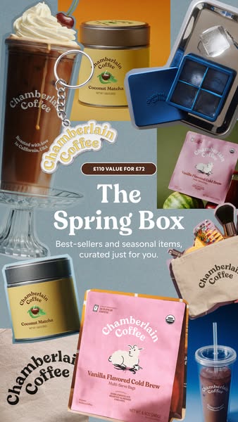 This ad showcases a curated 'Spring Box' from Chamberlain Coffee, highlighting best-selling and seasonal items a