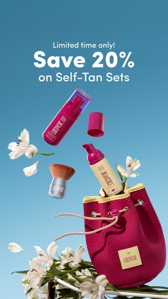 Ad for Coco & Eve self-tan sets. The ad features the brand's products in a kit against a light blue background w