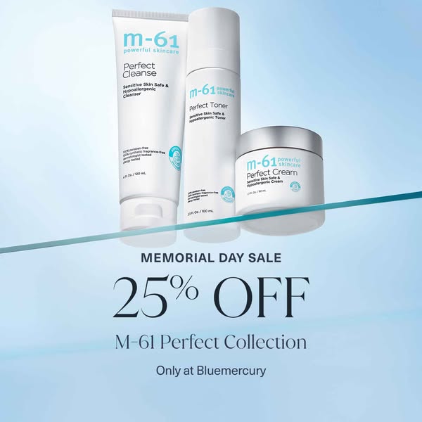 This image ad showcases the M-61 Perfect Collection skincare line by Bluemercury, highlighting a Memorial Day Sale with 