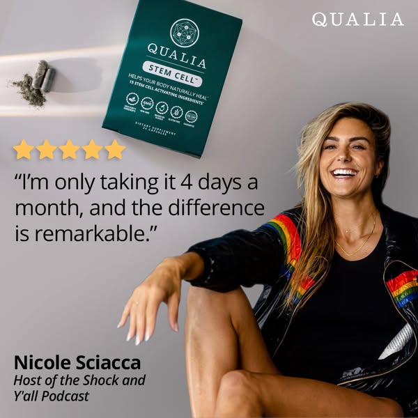 This image ad features a woman endorsing Qualia Stem Cell capsules, emphasizing their effectiveness despite infrequent u