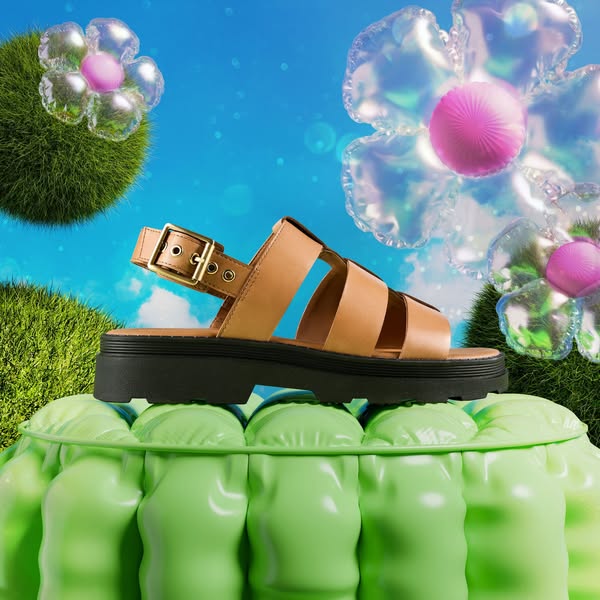 This ad showcases a platform sandal set in a whimsical, surreal environment to highlight its features.