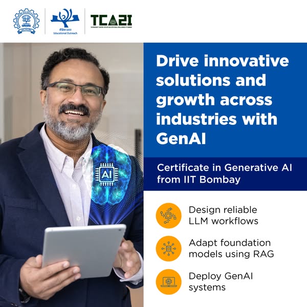 This image ad promotes a certificate in Generative AI from IIT Bombay. It features a man holding a tablet with an AI gra