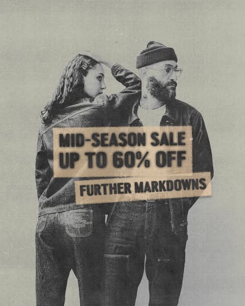This image ad promotes a mid-season sale of up to 60% off on denim clothing. It uses a grainy, retro aesthetic with two 