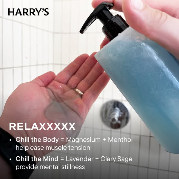 This image ad for Harry's promotes the benefits of their body wash. The ad is shot in a bathroom, where a hand pumps