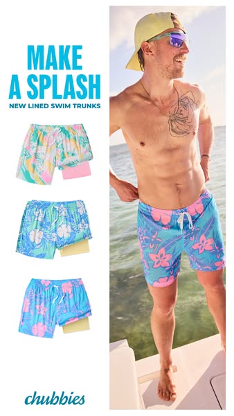This ad features a man wearing swim trunks while standing on a boat. The image also showcases the swim trunks in a varie