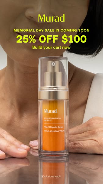 This image ad by Murad promotes their Vita-C Glycolic Serum and advertises a Memorial Day sale with a discount of 25% of