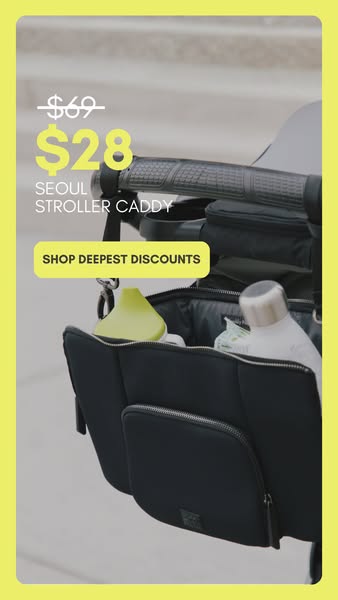 This ad showcases a stroller caddy, emphasizing its discounted price and inviting users to shop for the deepest discount