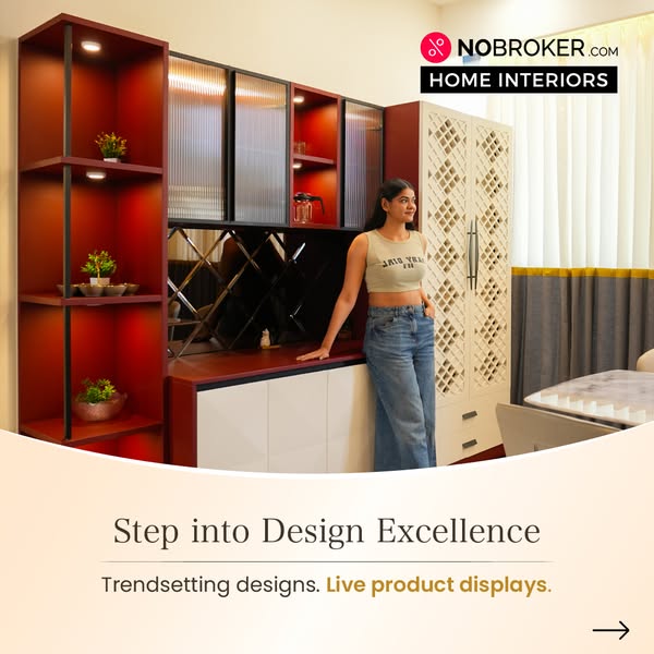 The image ad promotes Nobroker Home Interiors by showcasing an interior design featuring a modern cabinet with open shel