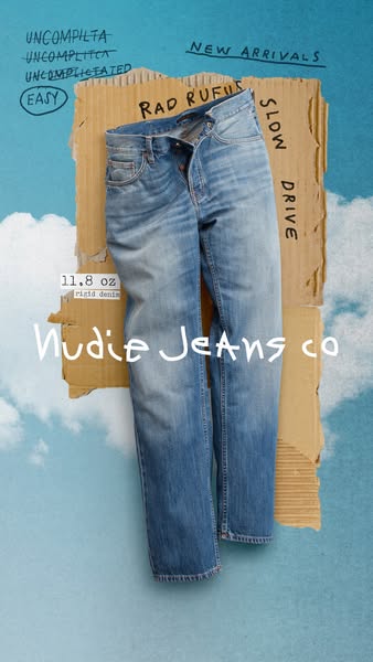 An advertisement for Nudie Jeans Co. featuring the Rad Rufus style. The jeans are laid on a piece of cardboard against a