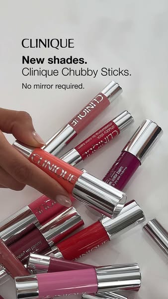 This ad showcases Clinique Chubby Sticks in an array of new shades. The ad highlights the convenience of the product, po