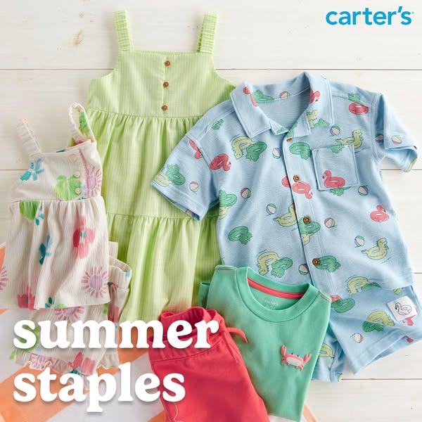 This ad showcases several clothing items from Carter's summer collection. The items are displayed in an appealing, c