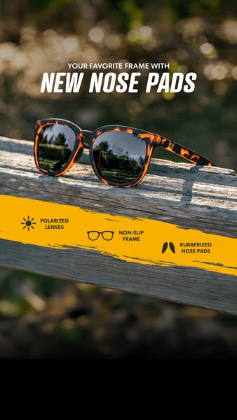 An image ad showcasing sunglasses with a focus on the new nose pads.
