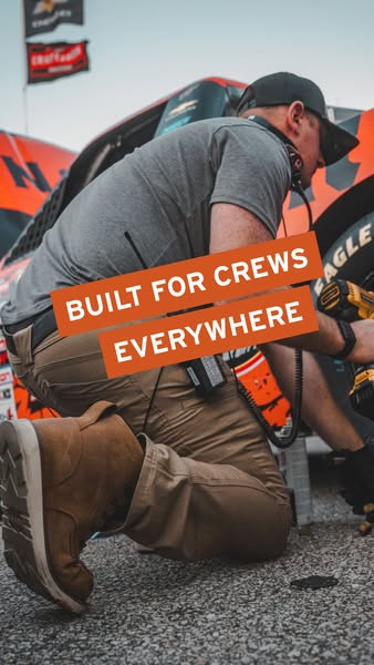 This ad showcases work boots being worn by someone working on a race car. The headline is 'Built for Crews Everywher