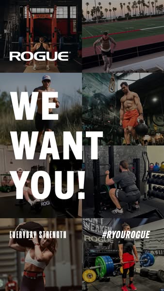 The ad showcases a variety of athletes working out in different locations using Rogue equipment. The ad is aimed at anyo