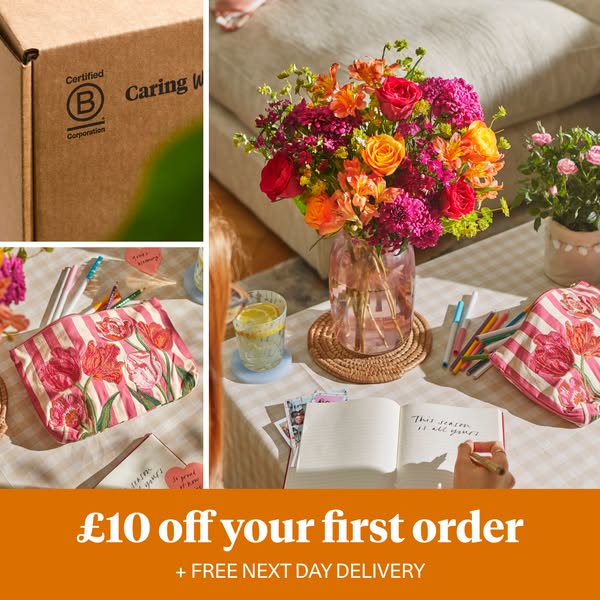 The ad shows a series of still life images with flowers, a notebook, and a striped tulip bag. The ad promotes an offer o