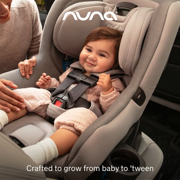 An image promoting the Nuna EXEC carseat, emphasizing that the same seat can be used from infancy through the 'tween