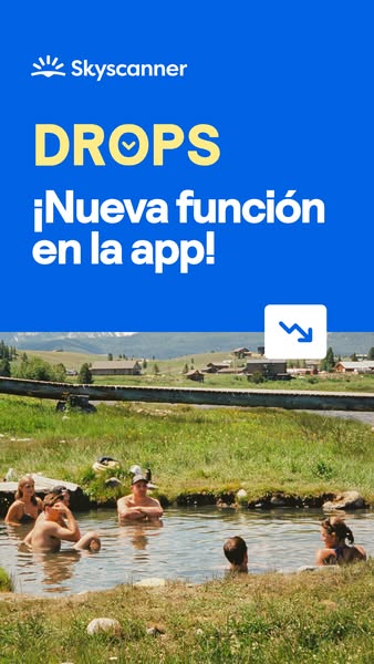 This ad from Skyscanner promotes the 'Drops' feature in their app. It uses a backdrop of people enjoying a hot s