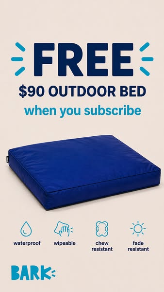 The ad promotes Bark dog products, specifically a free $90 outdoor dog bed when you subscribe to the brand. It emphasize