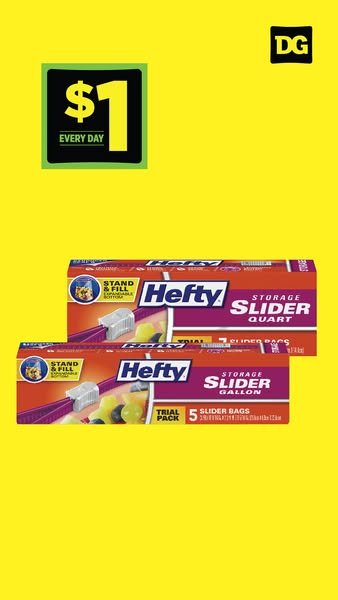 This ad for Hefty slider bags features 2 different sizes of the product, along with an offer from Dollar General.