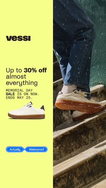 The ad promotes Vessi waterproof shoes with an offer of up to 30% off almost everything during the Memorial Day sale. Th