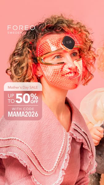 This ad promotes a Mother's Day sale of up to 50% off FOREO products when using code MAMA2026.