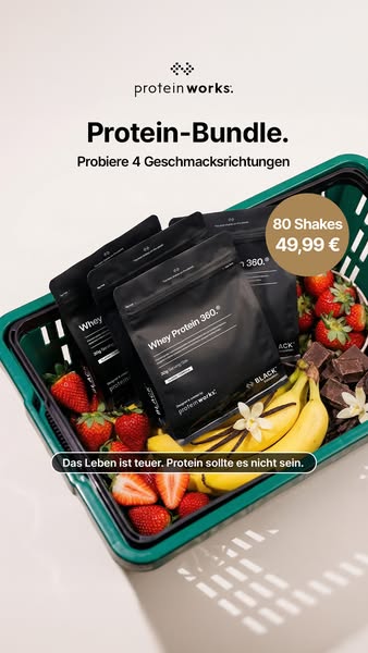 The ad is promoting a Protein Bundle from Protein Works, inviting customers to try 4 flavors for 49,99 €.