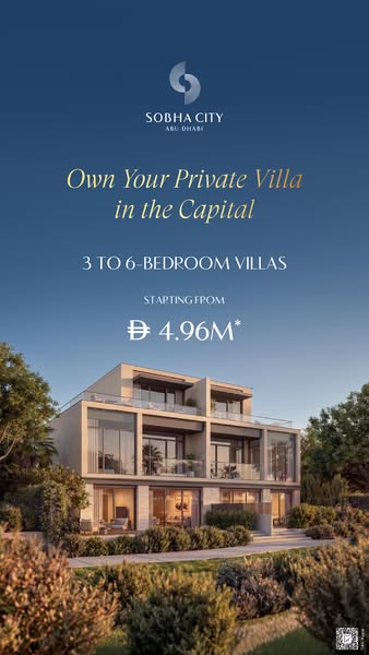 This image ad promotes Sobha City Abu Dhabi, showcasing its private villas in the capital with 3 to 6 bedrooms, starting