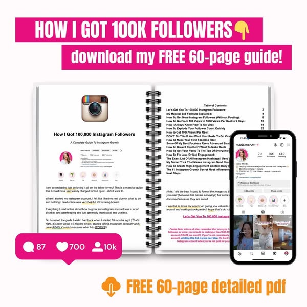 This ad promotes a free 60-page guide on how to get 100,000 Instagram followers. It features an image of the guide's