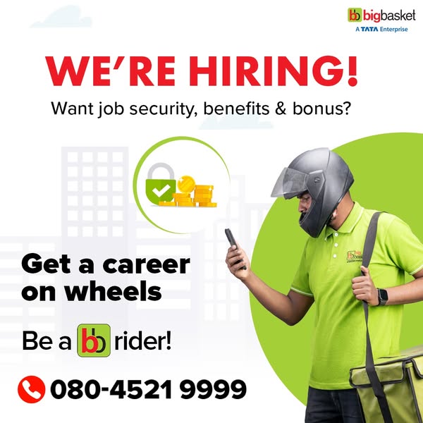 This is a Big Basket ad for hiring delivery riders with the goal of getting new riders to apply. The ad highlights job s