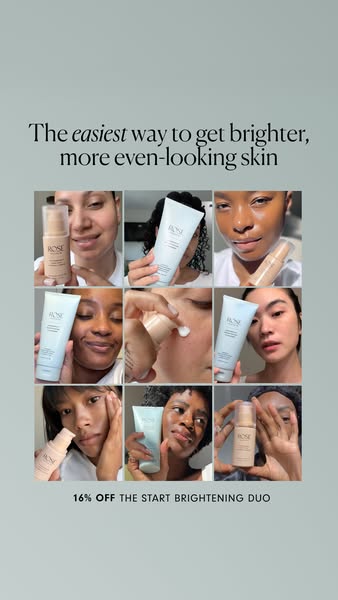 Image ad for ROSE skincare highlighting the Start Brightening Duo, featuring multiple women showing and using the produc