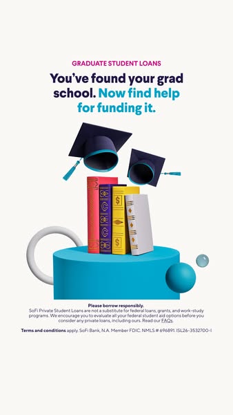 The ad promotes SoFi private student loans for graduate school. It shows two graduation caps and a stack of books on a b