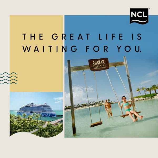 This image ad for Norwegian Cruise Lines (NCL) features a split-screen layout. On the left, a yellow block contains the 
