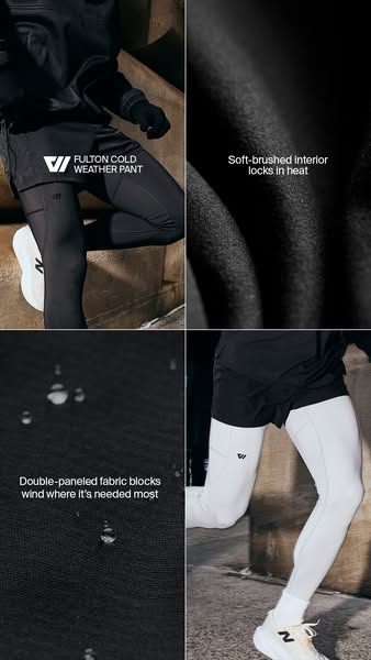 This image ad showcases Fulton cold weather pants, with callouts for wind-blocking fabric and a soft, heat-locking inter