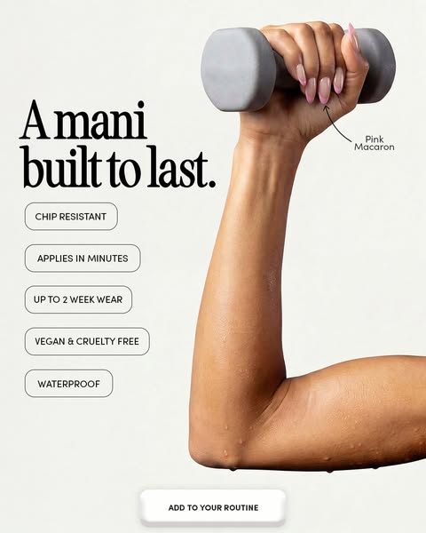 This image ad features an arm holding a weight and highlights the key functional benefits of a long-lasting manicure.