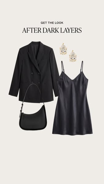 The ad showcases a curated nighttime look with a black blazer, black mini slip dress, black bag, and jeweled earrings. T