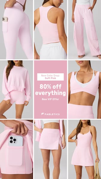 This ad showcases Fabletics' new soft pink color drop with an enticing 80% off everything offer for VIP members. It 