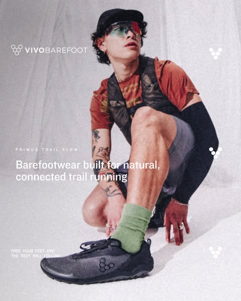 This image promotes Vivobarefoot's Primus Trail Flow shoes. The ad features a person wearing the brand's apparel
