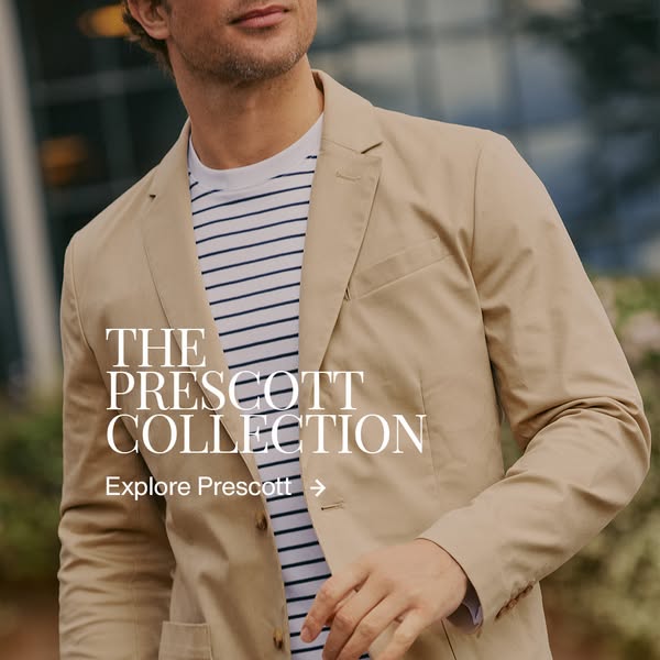 A product image promoting The Prescott Collection. A tan blazer is prominently featured on a fair-skinned male model.