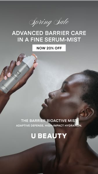 This image ad promotes U Beauty's Barrier Bioactive Mist during a Spring Sale, offering 20% off. It features a woman