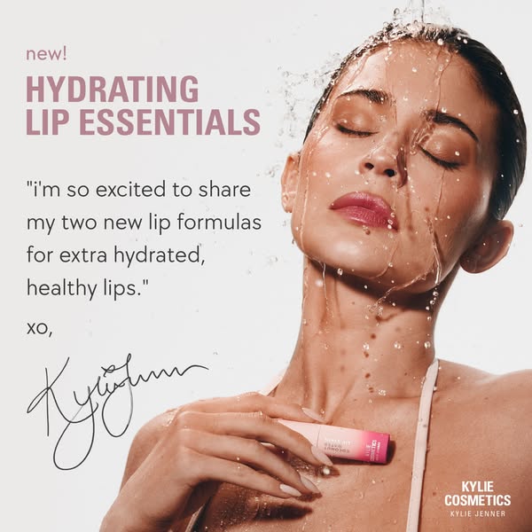 This ad by Kylie Cosmetics promotes their new hydrating lip essentials. The ad features a woman with water running down 