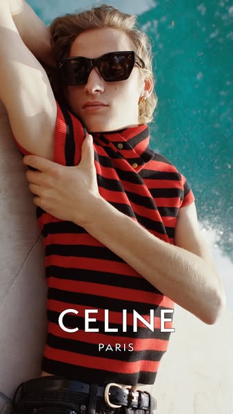 This ad features a close-up shot of a person wearing a pair of Celine sunglasses, positioned by a pool of water.