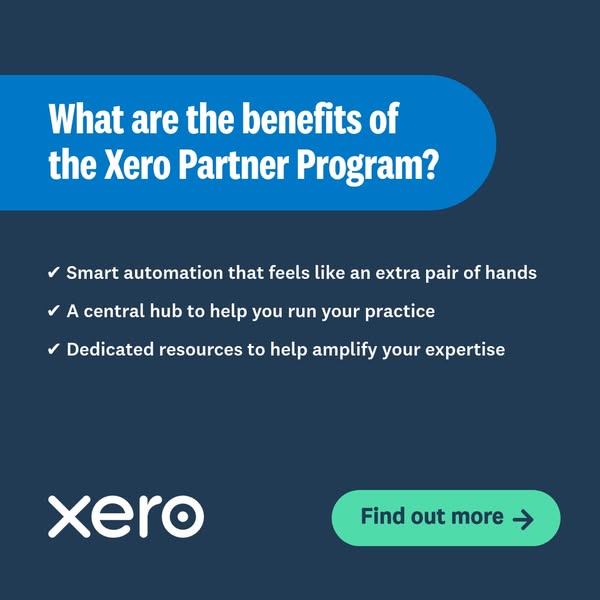 This image ad highlights the benefits of the Xero Partner Program using text and the Xero logo on a blue background.
